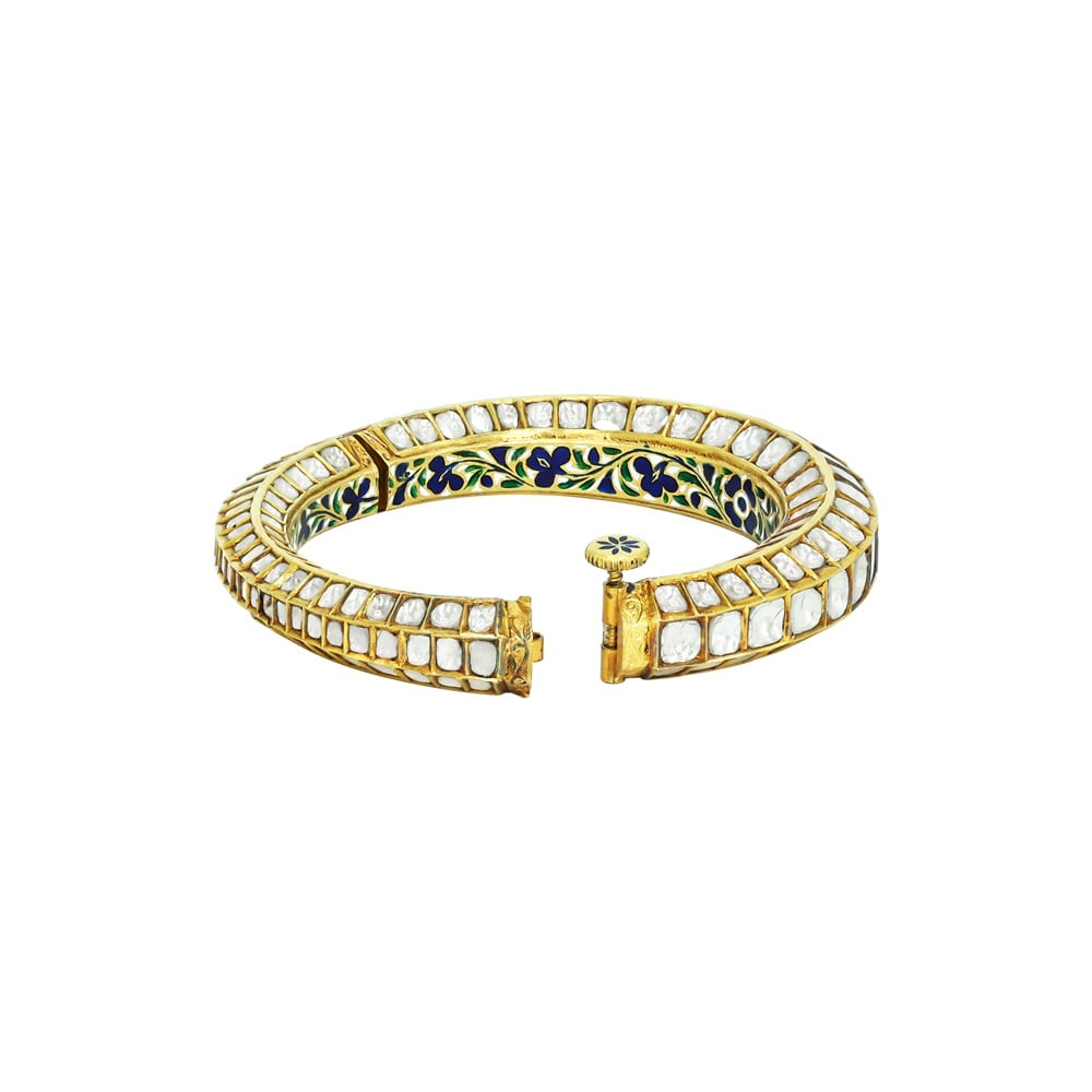 Triple-Row Polki Bangle with Blue Floral Enamel Detail